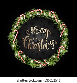 Christmas wreath made of pine wood, decorated with a garland, with the words Merry Christmas written by hand. Vector Illustration.
