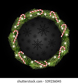 Christmas wreath made of pine wood, decorated with a garland and candy. Vector Illustration.