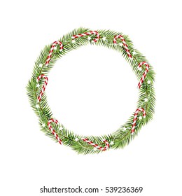 Christmas wreath made of pine wood, decorated with a garland and candy. Vector Illustration.