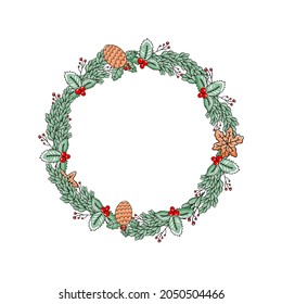 Christmas wreath made of plant doodle elements isolated on white background. Vector round frame for festive New Year design