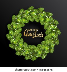 Christmas wreath made of realistic pine tree branches with shining snowflakes. Green round fir tree border with golden calligraphy text 