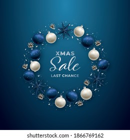 Christmas wreath made of shiny balls, stars, pinecones and silver confetti. Xmas sale banner. Stock vector illustration.