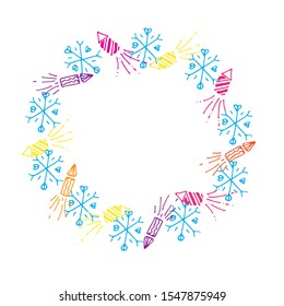 Christmas wreath made with snowflakes, fir branches, gift boxes, cones and salute. Stock vector Illustration vector. Line art, doodle stile hand drawn vector illustration