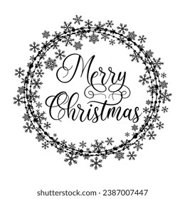 Christmas wreath made of snowflakes. Merry Christmas sign