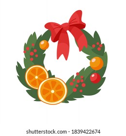 Christmas wreath made of spruce with bows, ornaments and oranges.
Vector illustration in cartoon style. Isolated on white