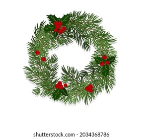 Christmas wreath made of spruce branches decorated with leaves and holly berries. Flat style vector illustration, isolated on white background