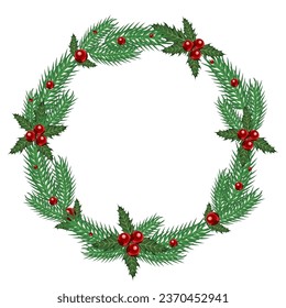 Christmas wreath made of spruce branches and holly, isolated on a white background.Vector illustration for postcards,banners, holiday designs.