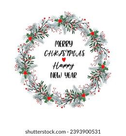 La corona navideña hecha de ramas de abeto, mistletoe y holly. Feliz inscripción de Navidad. Aislar sobre un fondo blanco. Ilustración vectorial.