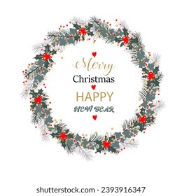 Christmas wreath made of spruce branches, mistletoe and holly. Merry Christmas inscription. Isolate on a white background. Vector illustration.