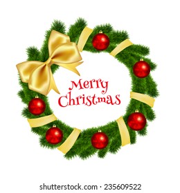 Christmas wreath made of spruce with a golden ribbon and red balls. Vector illustration