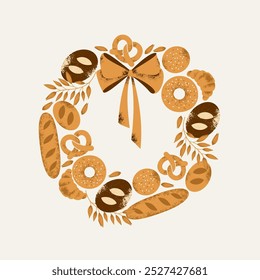 Christmas wreath made from various bread. Croissant and baguette