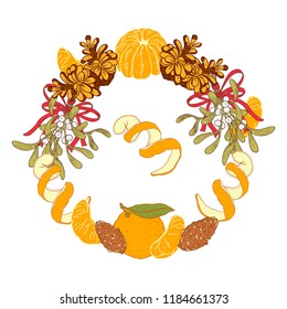 Christmas wreath with mandarins and mistletoe, cones, peel. vector illustration hand-drawn, element design, retro style