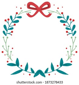 The christmas wreath for Merry Christmas greeting branch wreath circle with ribbon in flat vector style. illustation about christmas and holiday for graphic, greeting card, content,sticker.