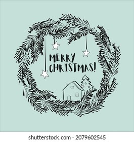 Christmas wreath in minimalistic style, vector art for cards, postcards, frames.