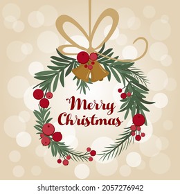 Christmas wreath with mistletoe, bells and a bow. The inscription Merry Christmas in the center of the wreath. Golden background. Vector illustration