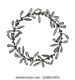 Christmas wreath with mistletoe branches, black outline silhouette frame. Vector illustration isolated on white