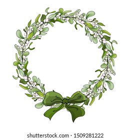 Christmas wreath with mistletoe branches and green ribbon on white. Round frame for festive season design, advertisement, greeting cards, invitation, posters. Vector illustration.