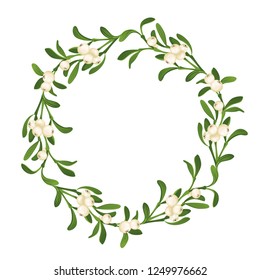 Christmas wreath with mistletoe branches. Vector illustration in cartoon flat style.