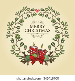 Christmas wreath with mistletoe and candles.drawing