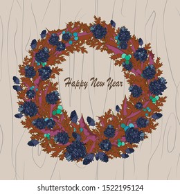 Christmas wreath of mistletoe and cones on wood texture background
