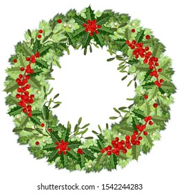 Christmas wreath with mistletoe, fir and holly branches, vector illustration on white background.