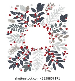 Christmas wreath of mistletoe and holly. Frame of winter plants, for Happy New Year greetings or postcards