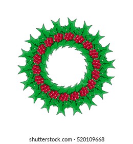Christmas Wreath With Mistletoe Icon Symbol Design. Vector Christmas illustration isolated on white background. Cartoon vector red and green holly berry decorative xmas Wreath with black outlines