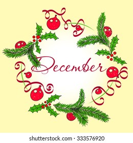 Christmas wreath with mistletoe leaves and berries. Christmas tree branches with toys and ribbons vector illustration.