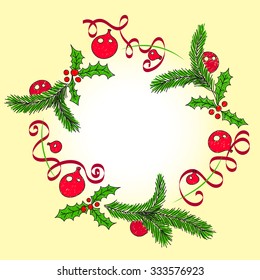 Christmas wreath with mistletoe leaves and berries. Christmas tree branches with toys and ribbons vector illustration.