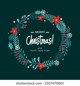 Christmas wreath with  mistletoe, pine and fir branches, rowan berries. Vector design elements for your holiday cards. Vector flat illustration isolated on dark background.