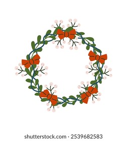 Christmas wreath with mistletoe twigs and bows flat color vector object. Round winter holiday home decoration illustration on white background