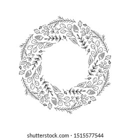 Christmas wreath monoline with doodle elements with place for your text. Hand drawn vector illustration for greeting card, poster, web