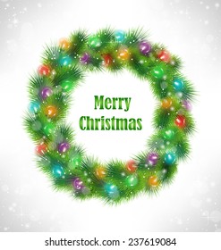 Christmas wreath with multicolored glassy led Christmas lights garland like frame in snowfall on grayscale background
