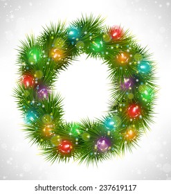 Christmas wreath with multicolored glassy led Christmas lights garland like frame in snowfall on grayscale background