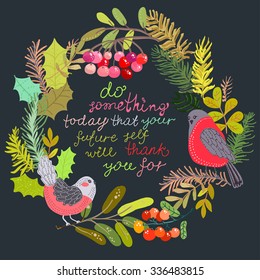 Christmas wreath with natural elements: bird, leaf, berry, branch, fir-tree branch for beautiful holiday design