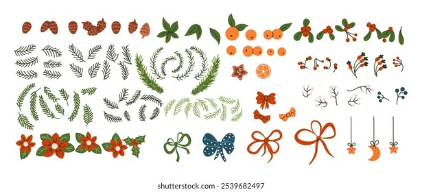 Conjunto de objetos de vetor de cor plana de elementos naturais da grinalda de Natal. Ano novo decorações de férias artesanato ilustrações empacotamento no fundo branco