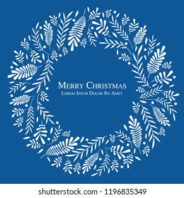 Christmas wreath natural vector frame background white and blue