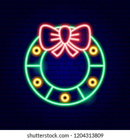 Christmas Wreath Neon Sign. Vector Illustration of Winter Holiday Promotion.