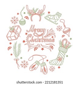 Christmas wreath. New Year Coloring. Winter mood. Christmas stocking, present, skate, and Christmas toys.
