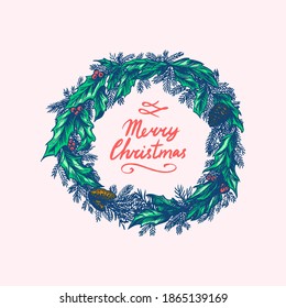 Christmas wreath. New Year decoration. Coniferous plant with flowers and holly. Winter spruce. Hand drawn engraved vintage sketch.