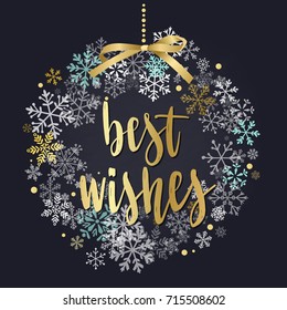 Christmas wreath, new year decoration with lettering. Holidays handwritten calligraphy quote and snowflakes. Vector decorative elements for design greeting card or Invitation on chalkboard background.