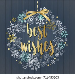 Christmas wreath, new year decoration with lettering. Holidays handwritten calligraphy quote and snowflakes. Vector decorative elements for design greeting card or Invitation on wooden background.