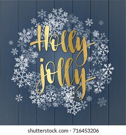 Christmas wreath, new year decoration with lettering. Holidays handwritten calligraphy quote and snowflakes. Vector decorative elements for design greeting card or Invitation on wooden background.