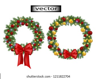 Christmas wreath for the new year holiday with bright glowing lights garland traditional Christmas tree interior decoration with shiny glass balls hang on the door.