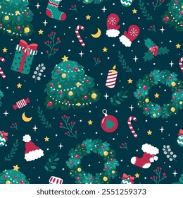 Christmas wreath, New Year tree, decorations. Christmas pattern. Seamless pattern. Flat cartoon illustration