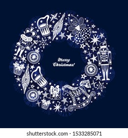 Christmas wreath. Nutcracker. Fabulous postcard.