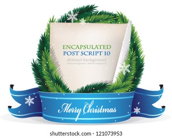 Christmas Wreath With Old Parchment And Blue Ribbon On A White Background