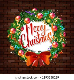 Christmas wreath on the brick wall. Merry Christmas 2019. Vector illustration