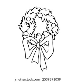 Christmas wreath on the door, with a bow. Vector doodle. New Year's drawing. Design element.