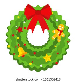 Christmas wreath on the door. Branches of a conifer, Christmas tree or cedar are woven into green ring. Decorated with bow, stars, bells, snowflakes and gifts. Traditional element for greeting cards.